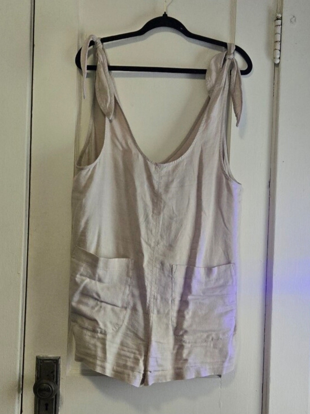 Tie-Shoulder Linen Blend Romper in Light Beige